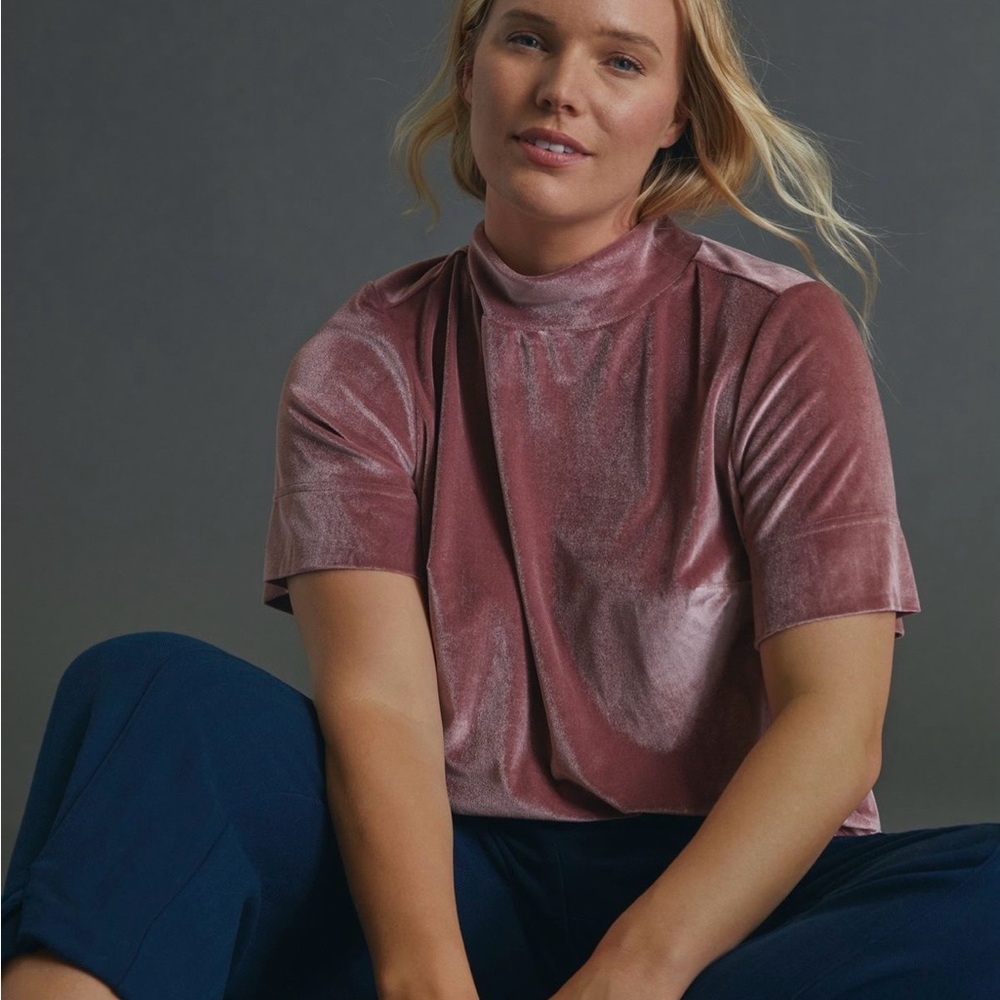 Anthropologie Krisha Mauve Velvet Mock Neck Short Sleeve Top Size Large
